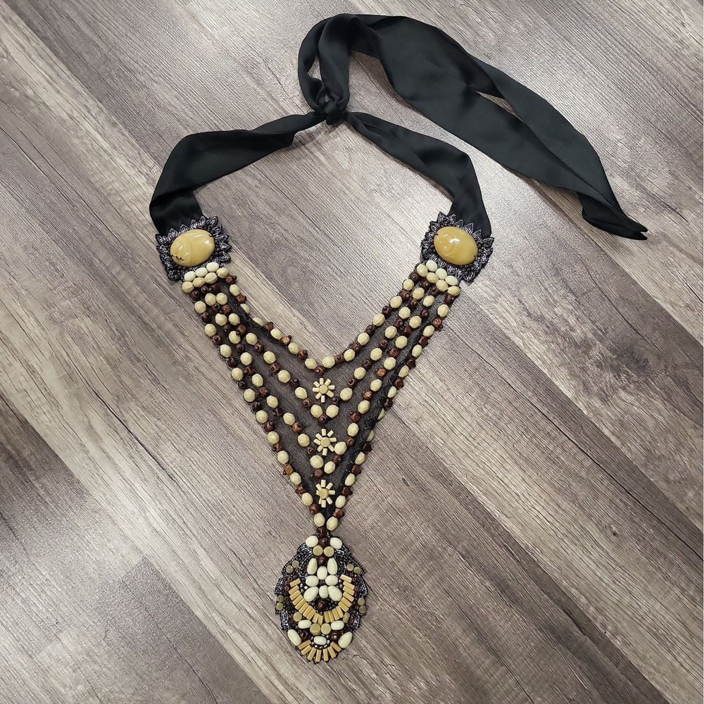Elie Tahari Statement Necklace Black Mesh Neutral Mix Stone Designer Jewelry